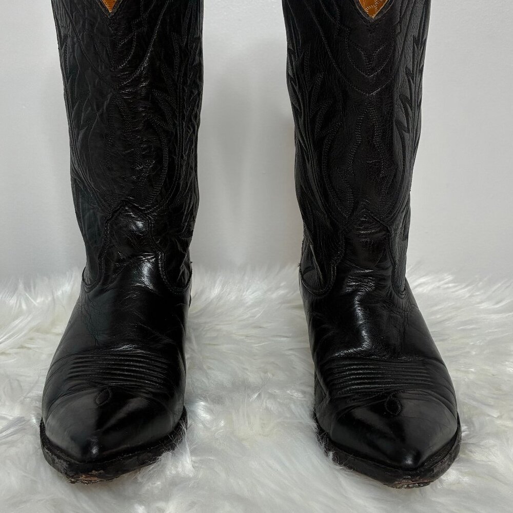 Nucuna Roots Black Leather Cowboy Boots, Calf-length, Size 7, Made in USA